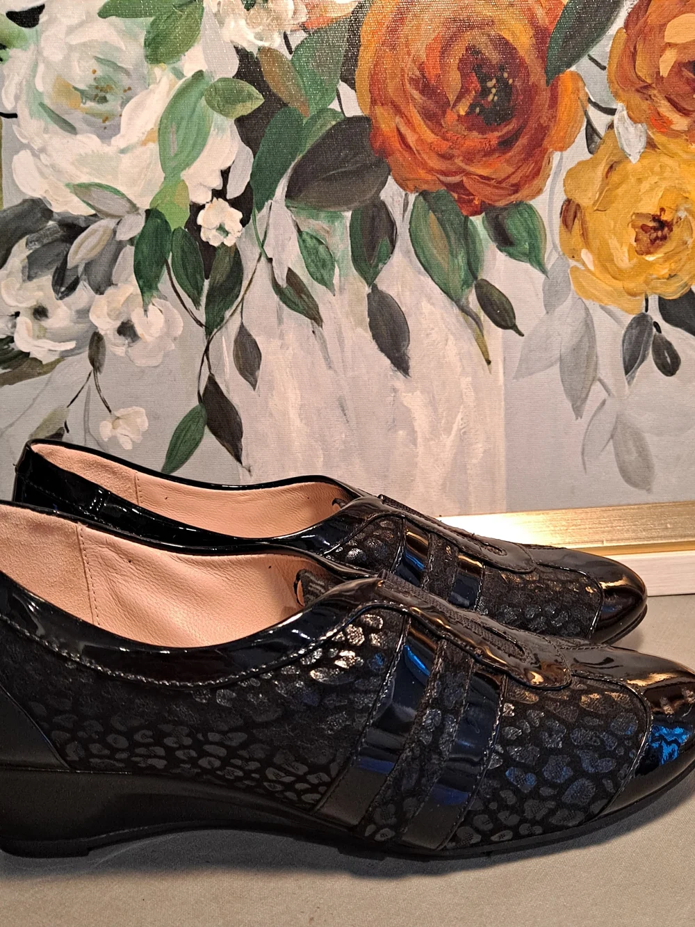 Taryn Rose Traveler Paislee Black Patent Textured Animal Print Slip-On Wedges